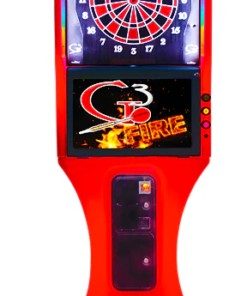 G3 Fire Dartboard with glowing cabinet and large monitor